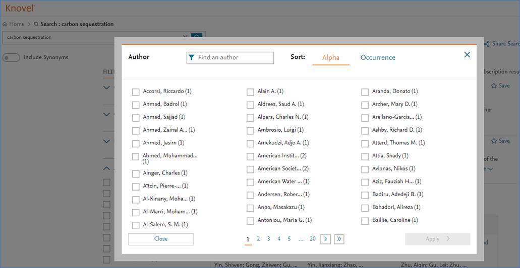 Screenshot of pop-up view to filter